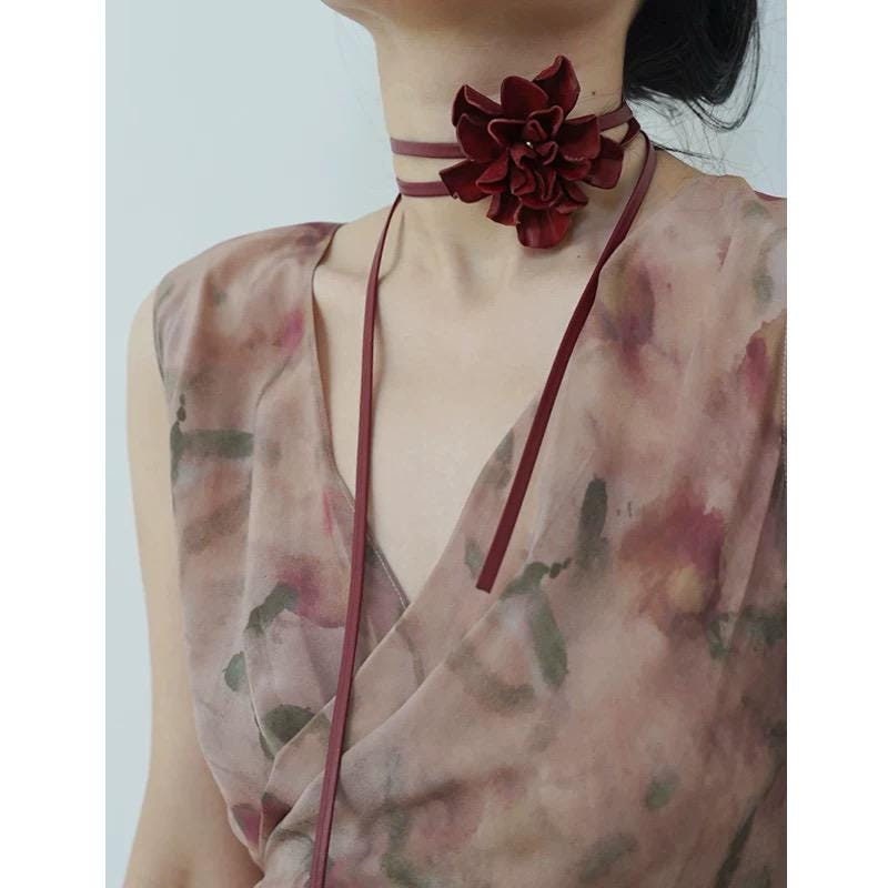 Long Leather Choker, Neck Wrap Around Flower