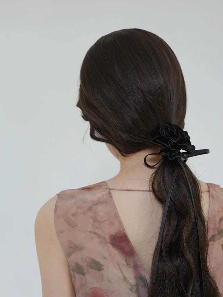 Long Leather Choker, Neck Wrap Around Flower