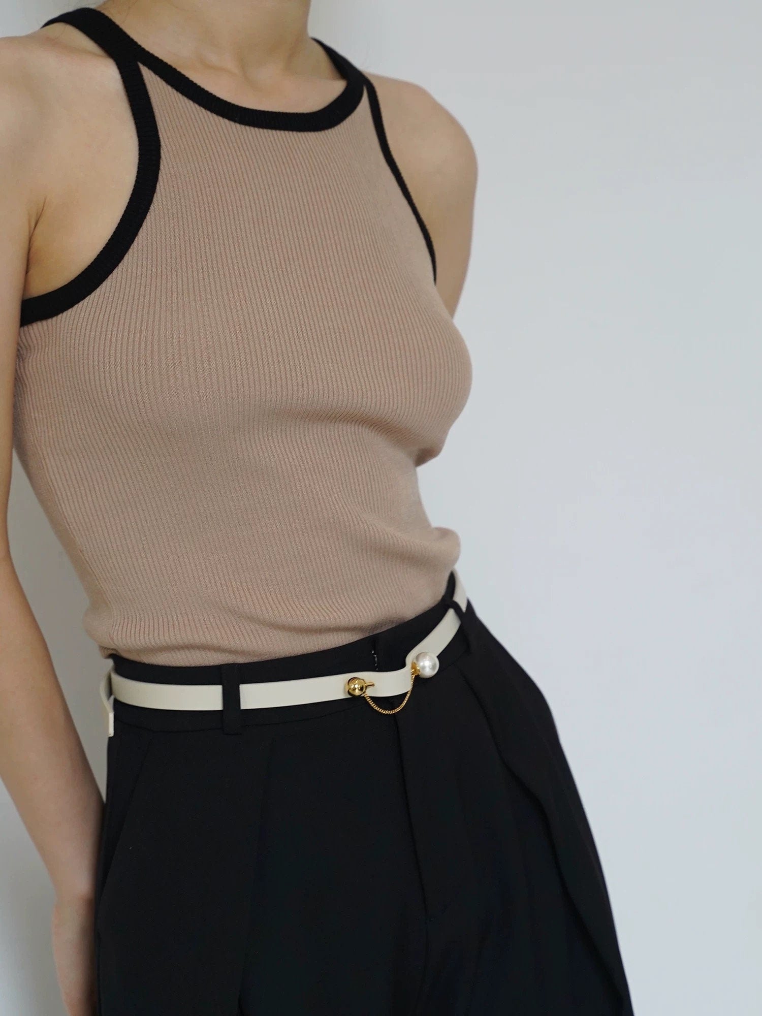 Beige Slim Leather Belt with Pearl and Chain