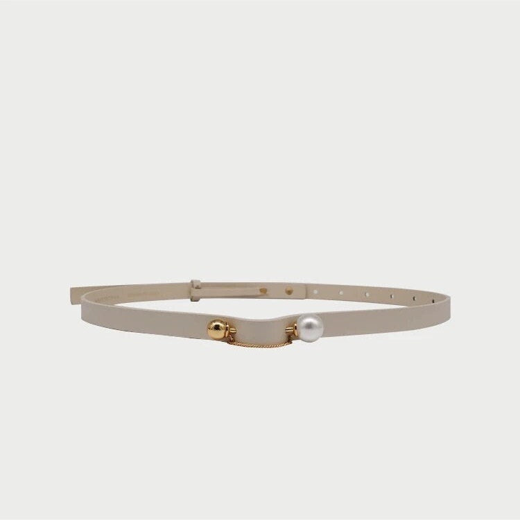 Beige Slim Leather Belt with Pearl and Chain
