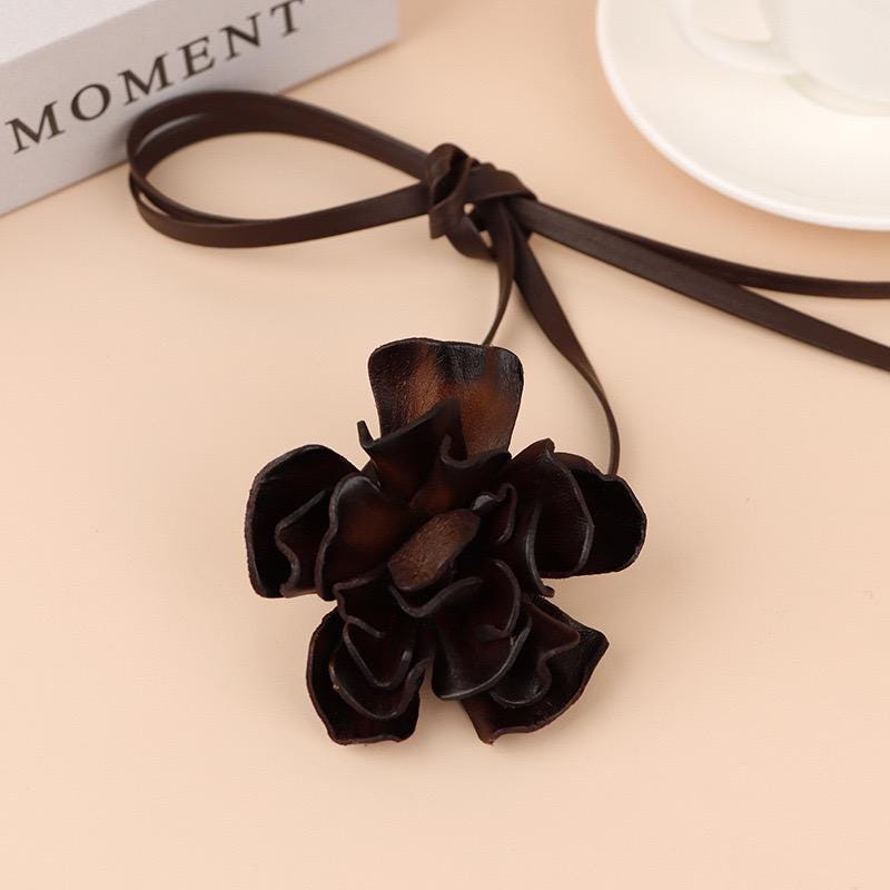 Long Leather Choker, Neck Wrap Around Flower