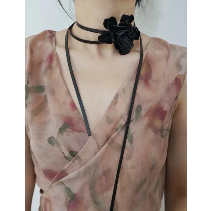 Long Leather Choker, Neck Wrap Around Flower