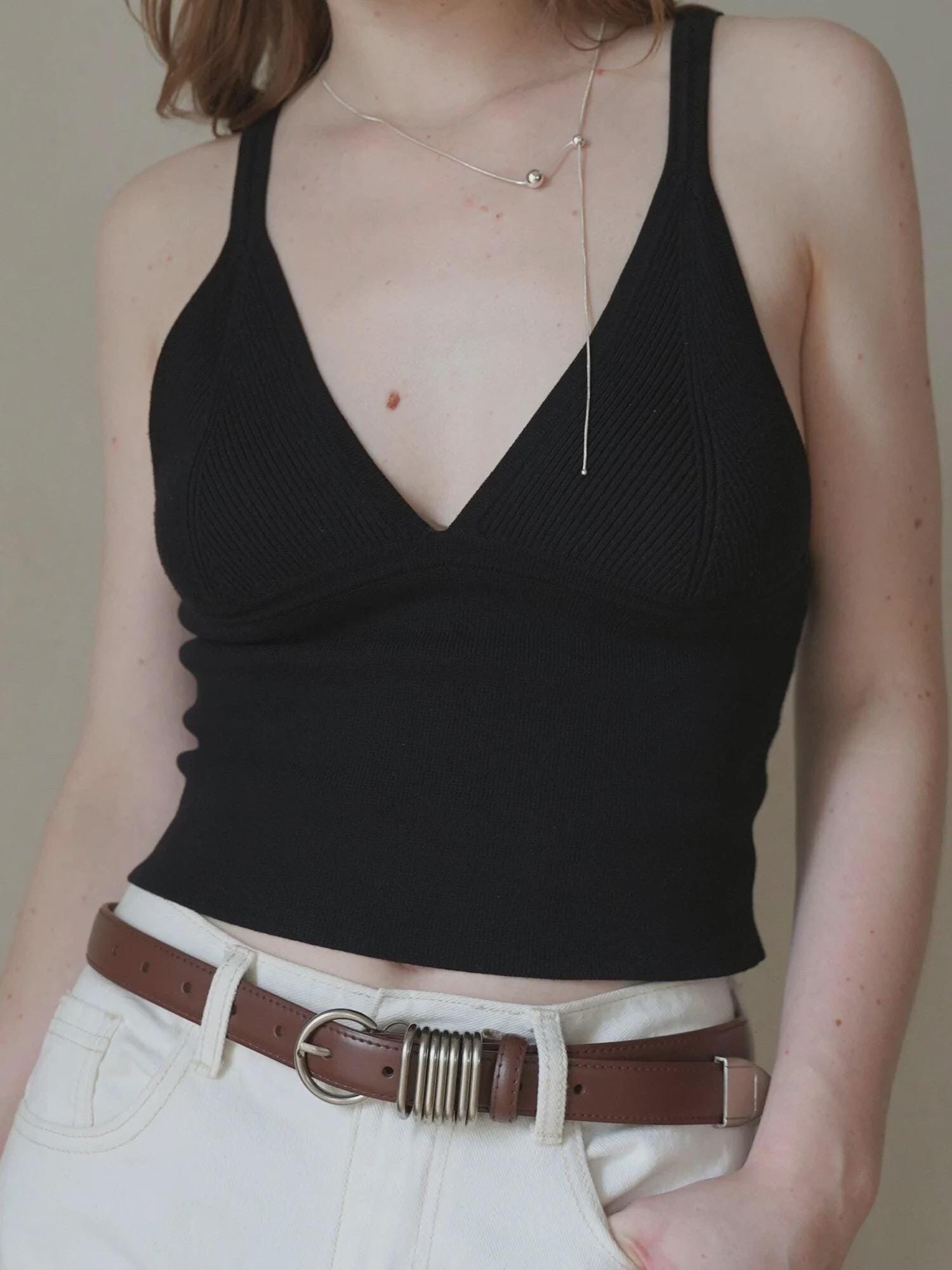 Leather Belt with Silver 7-Ring Buckle
