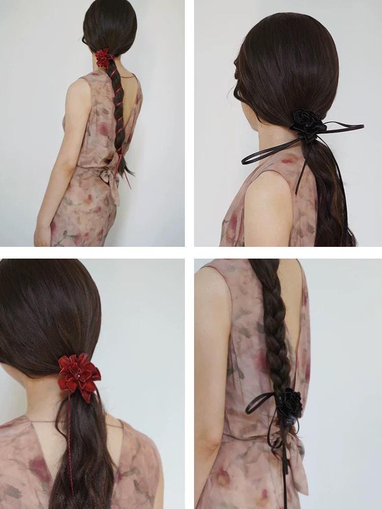 Long Leather Choker, Neck Wrap Around Flower