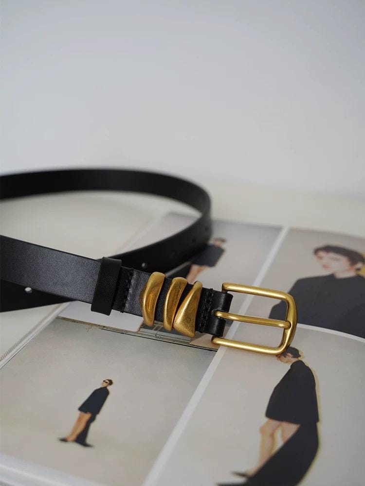 Black Leather Belt with Gold Tone Hardware