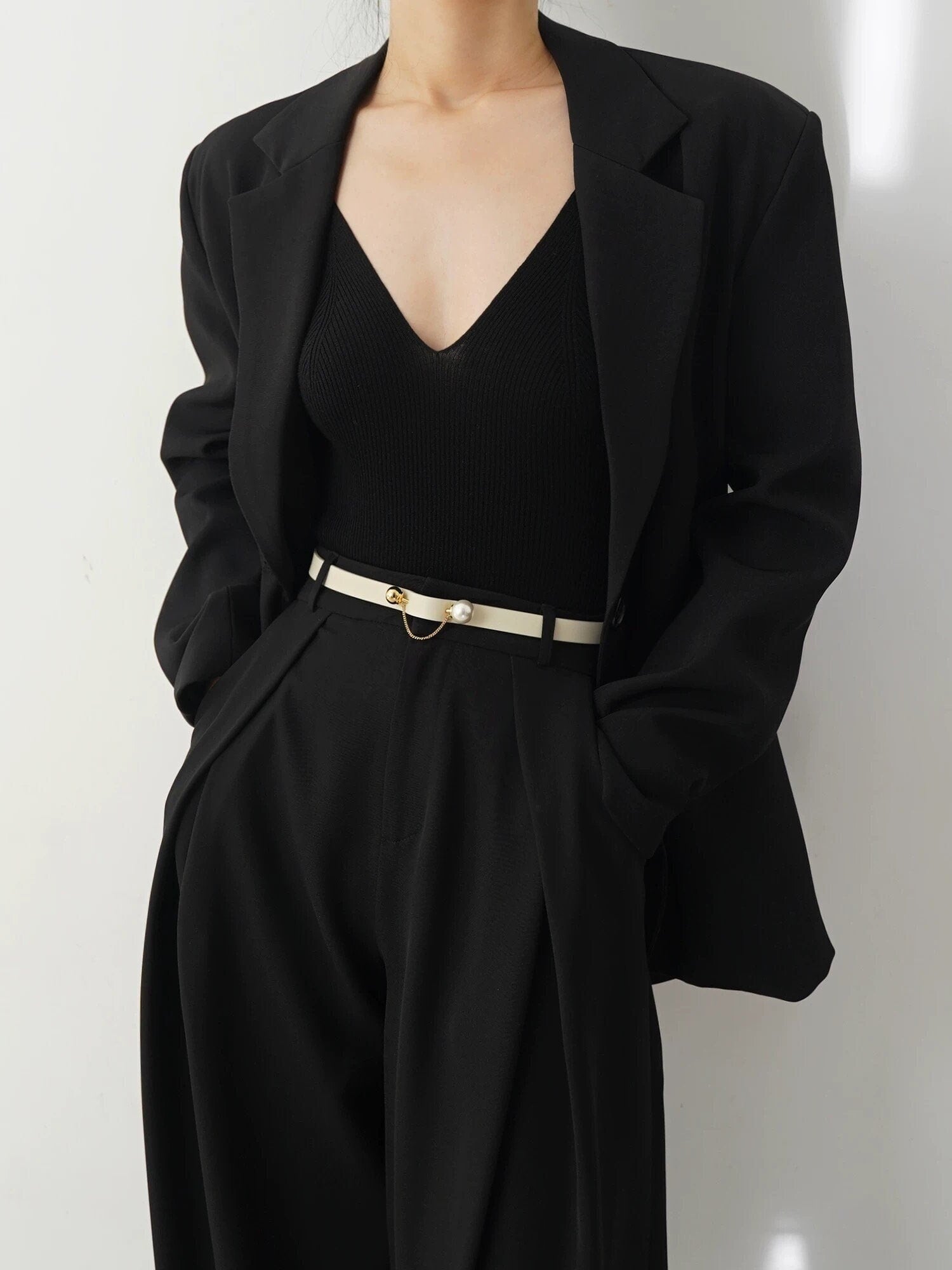 Beige Slim Leather Belt with Pearl and Chain