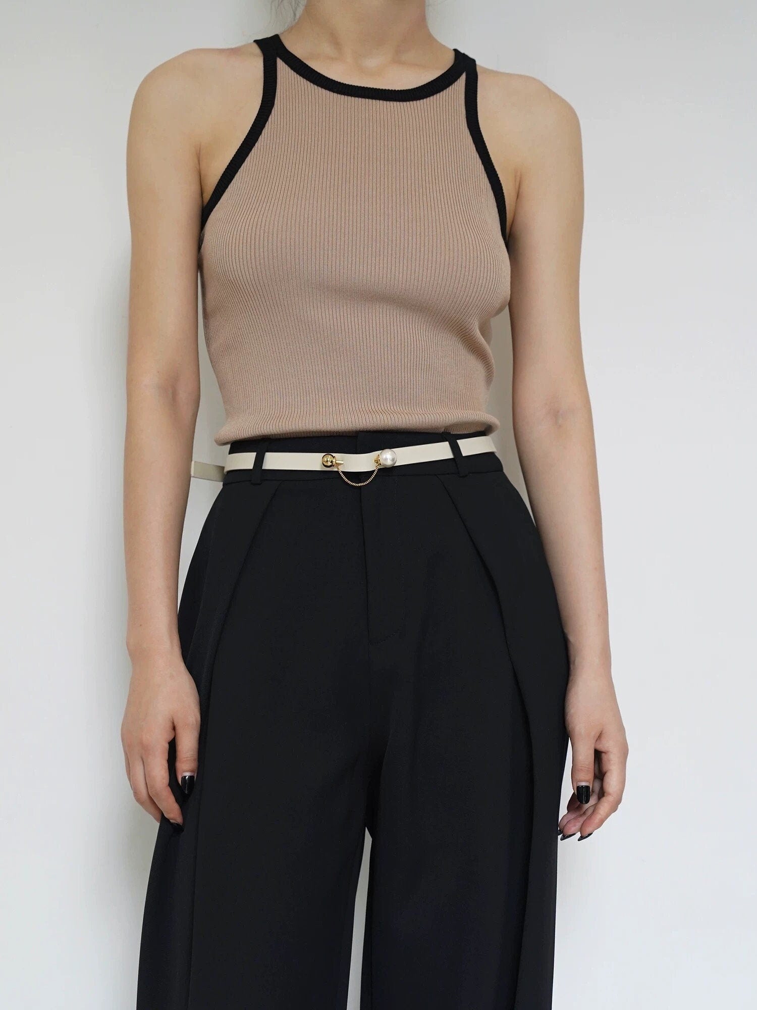 Beige Slim Leather Belt with Pearl and Chain