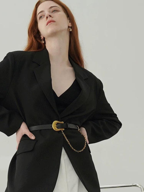 Black Leather Belt with Gold Buckle and Dangling Chain