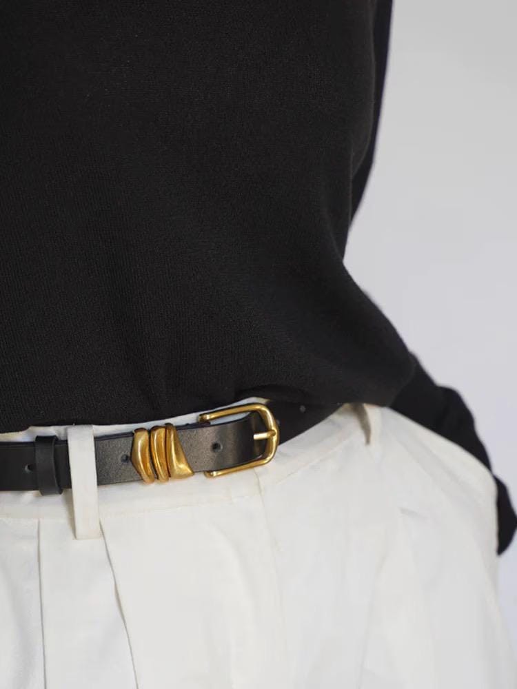 Black Leather Belt with Gold Tone Hardware