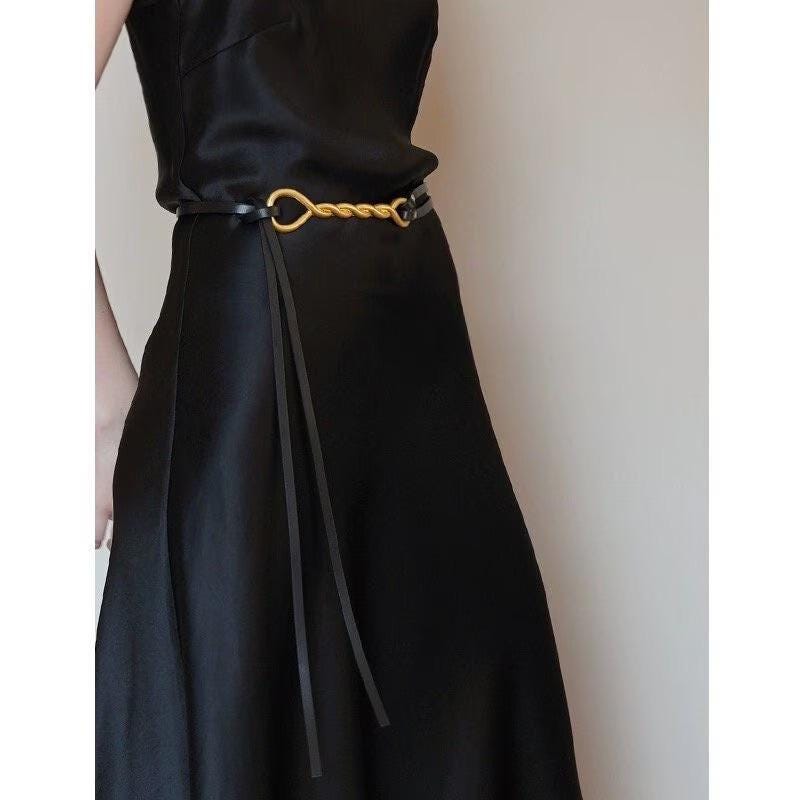 Top Grain Leather Rope Knotted Belt with Gold Buckle