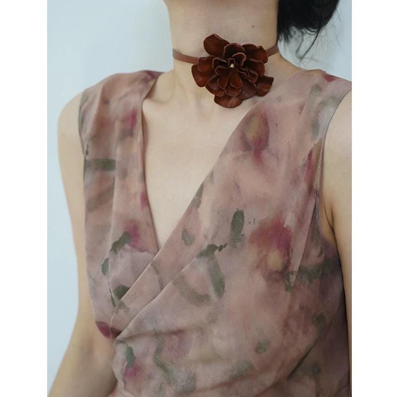 Long Leather Choker, Neck Wrap Around Flower