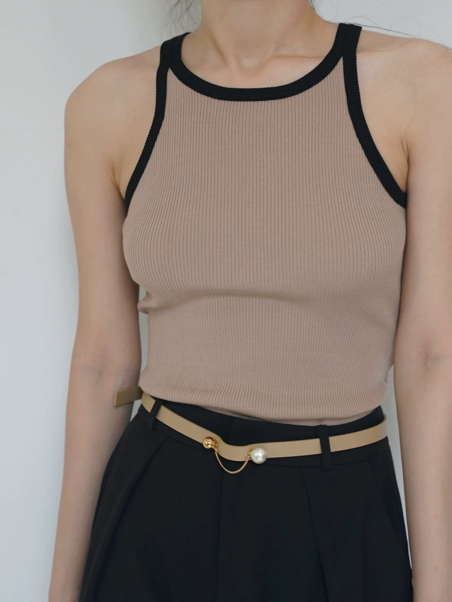 Beige Slim Leather Belt with Pearl and Chain