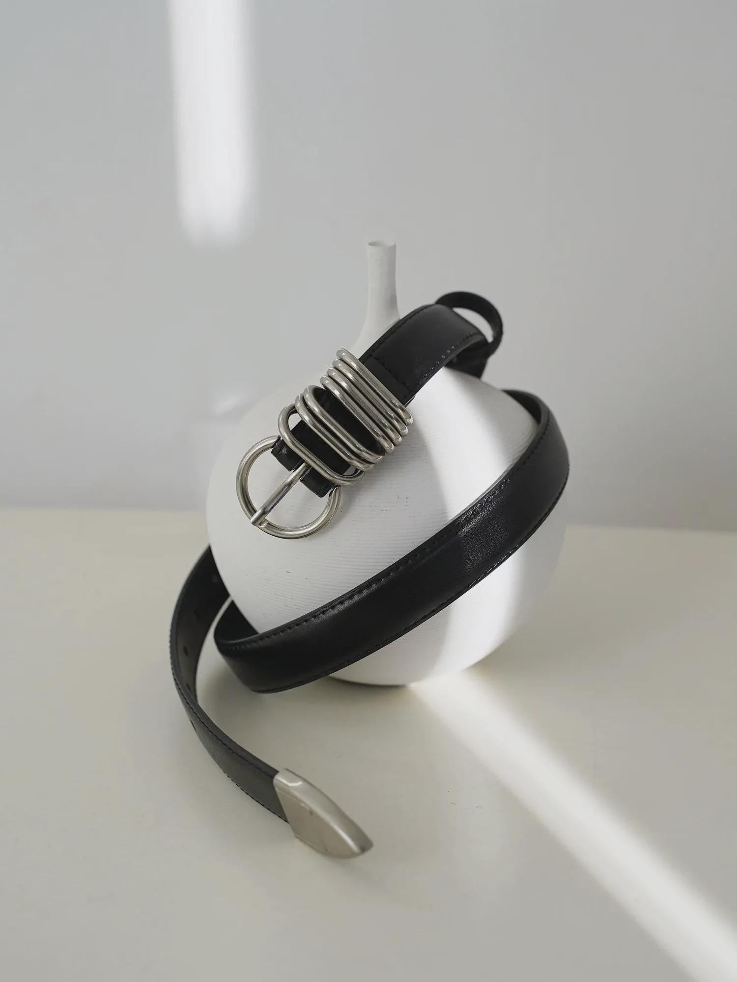 Leather Belt with Silver 7-Ring Buckle