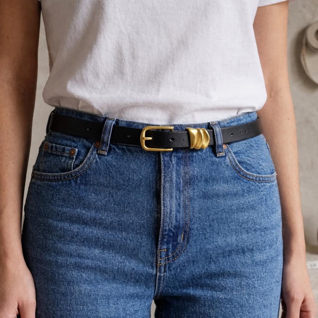 Black Leather Belt with Gold Tone Hardware