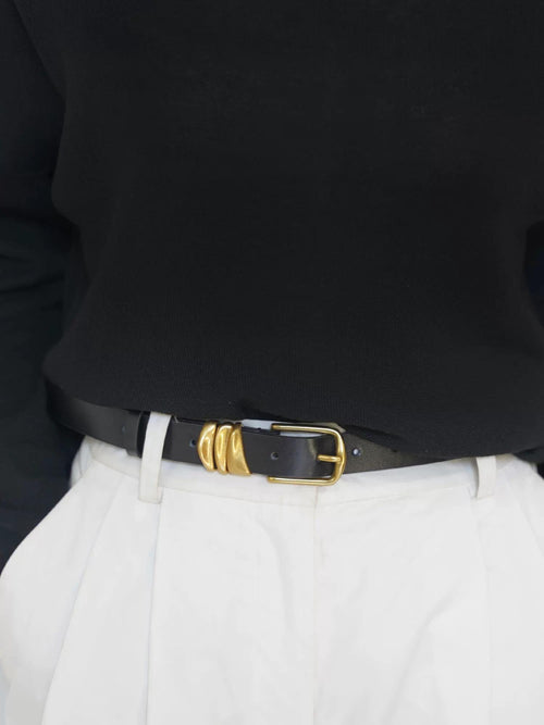 Black Leather Belt with Gold Tone Hardware