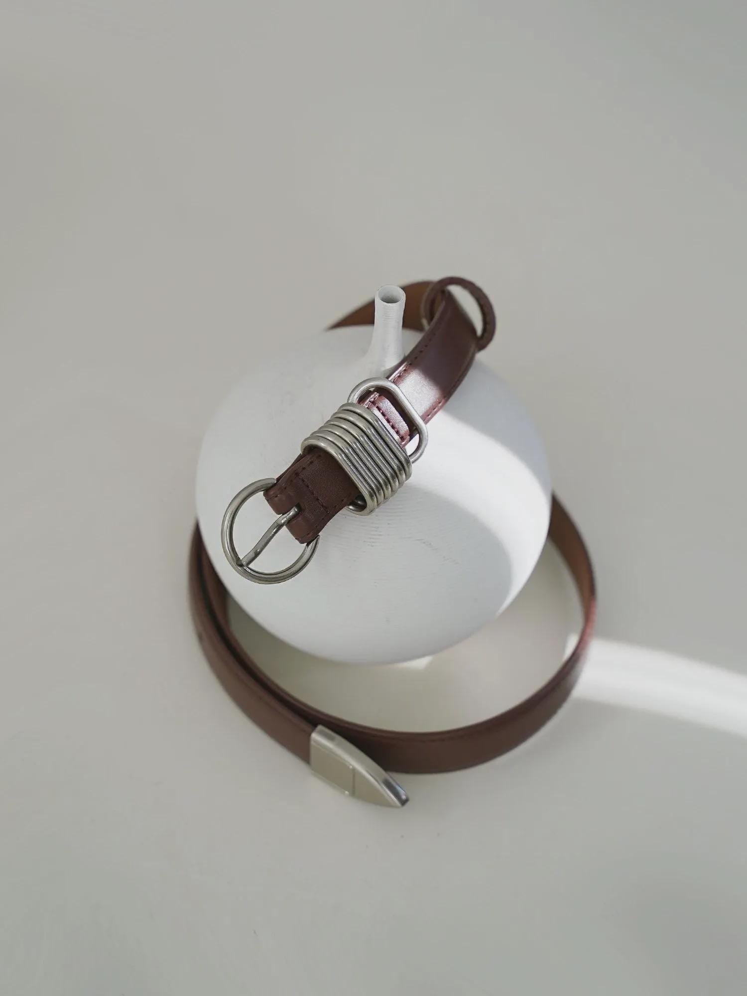 Leather Belt with Silver 7-Ring Buckle