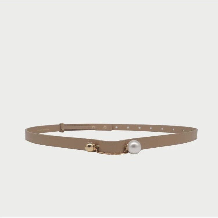 Beige Slim Leather Belt with Pearl and Chain