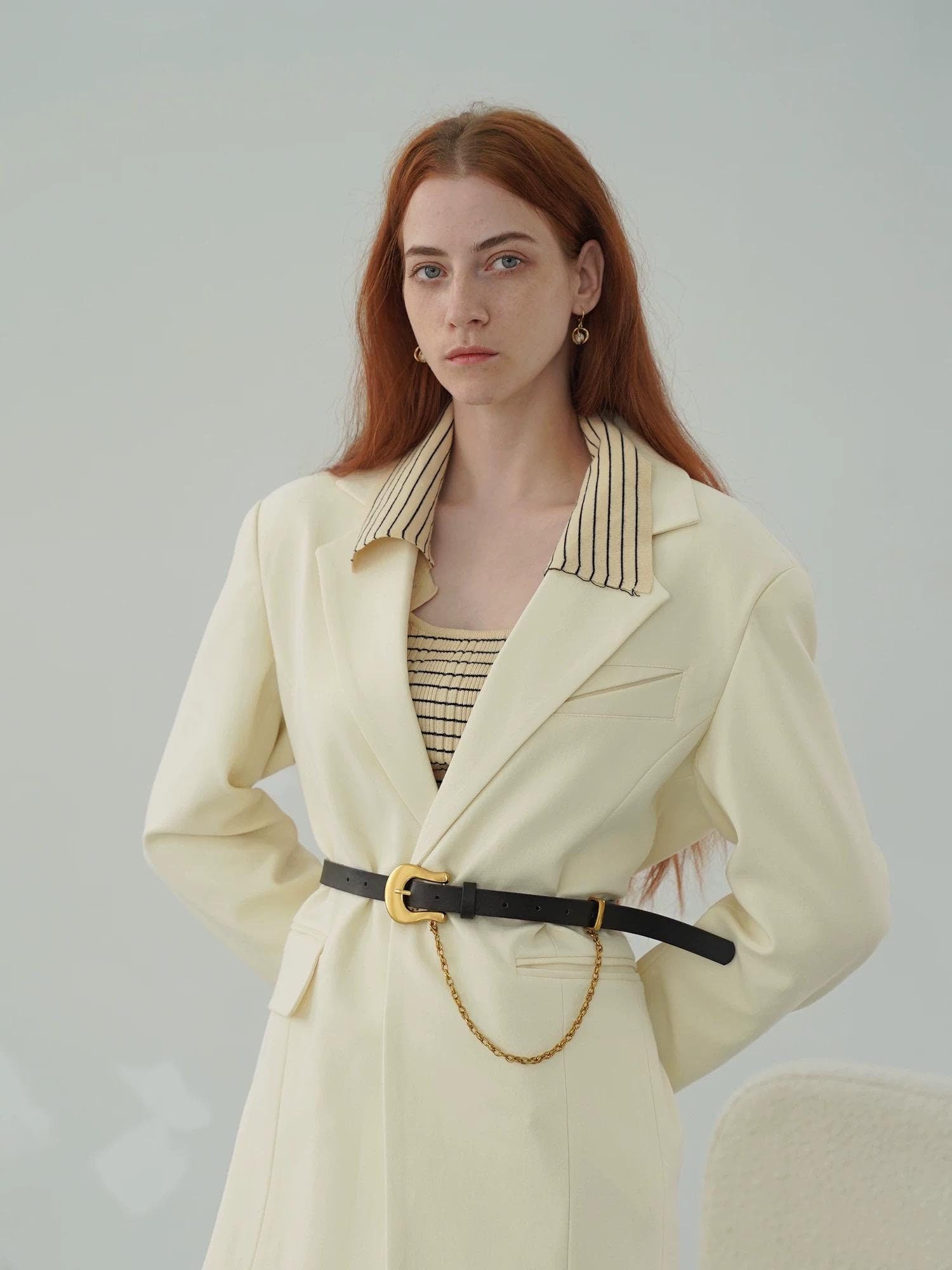 Black Leather Belt with Gold Buckle and Dangling Chain